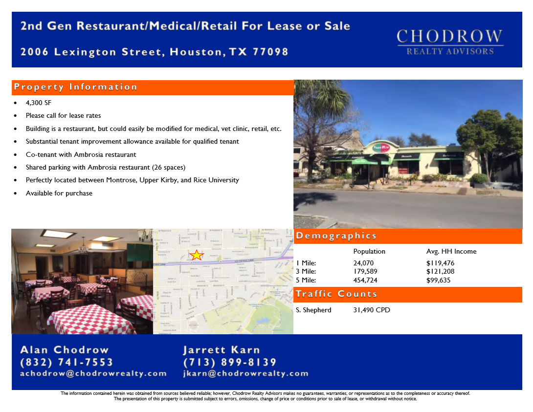 Restaurant for lease Houston, TX Chodrow Realty Advisors Chodrow